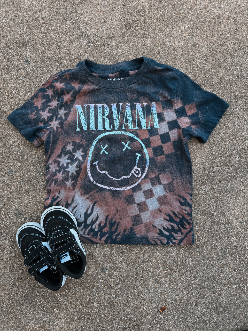 Upcycled by Katie: Nirvana Smiley Face Tee – Hand-Bleached One-of-a-Kind (5T) Shirt – Graphic Tee