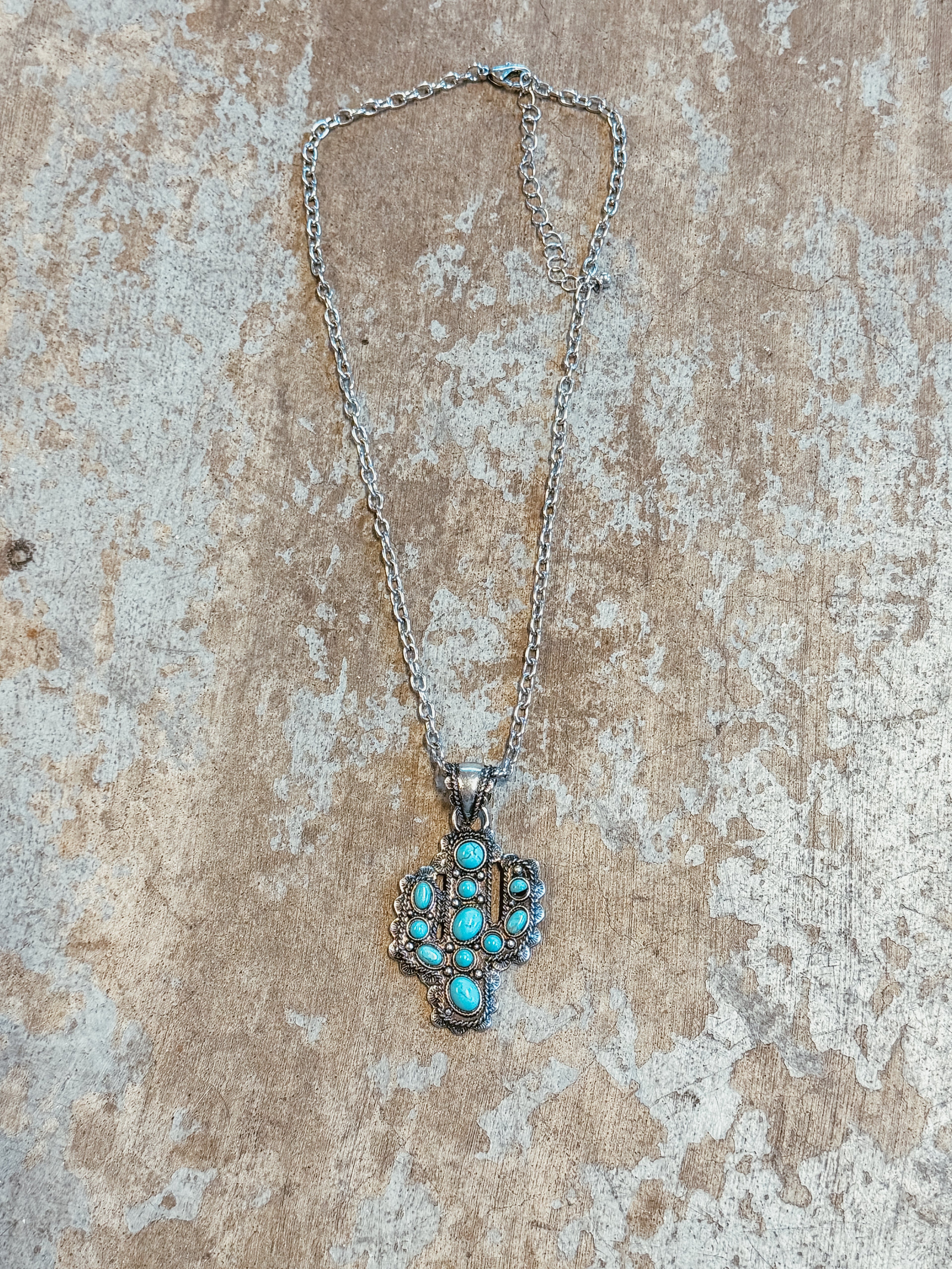 Turquoise Cactus Pendant Necklace – Western Silver Chain Statement Necklace