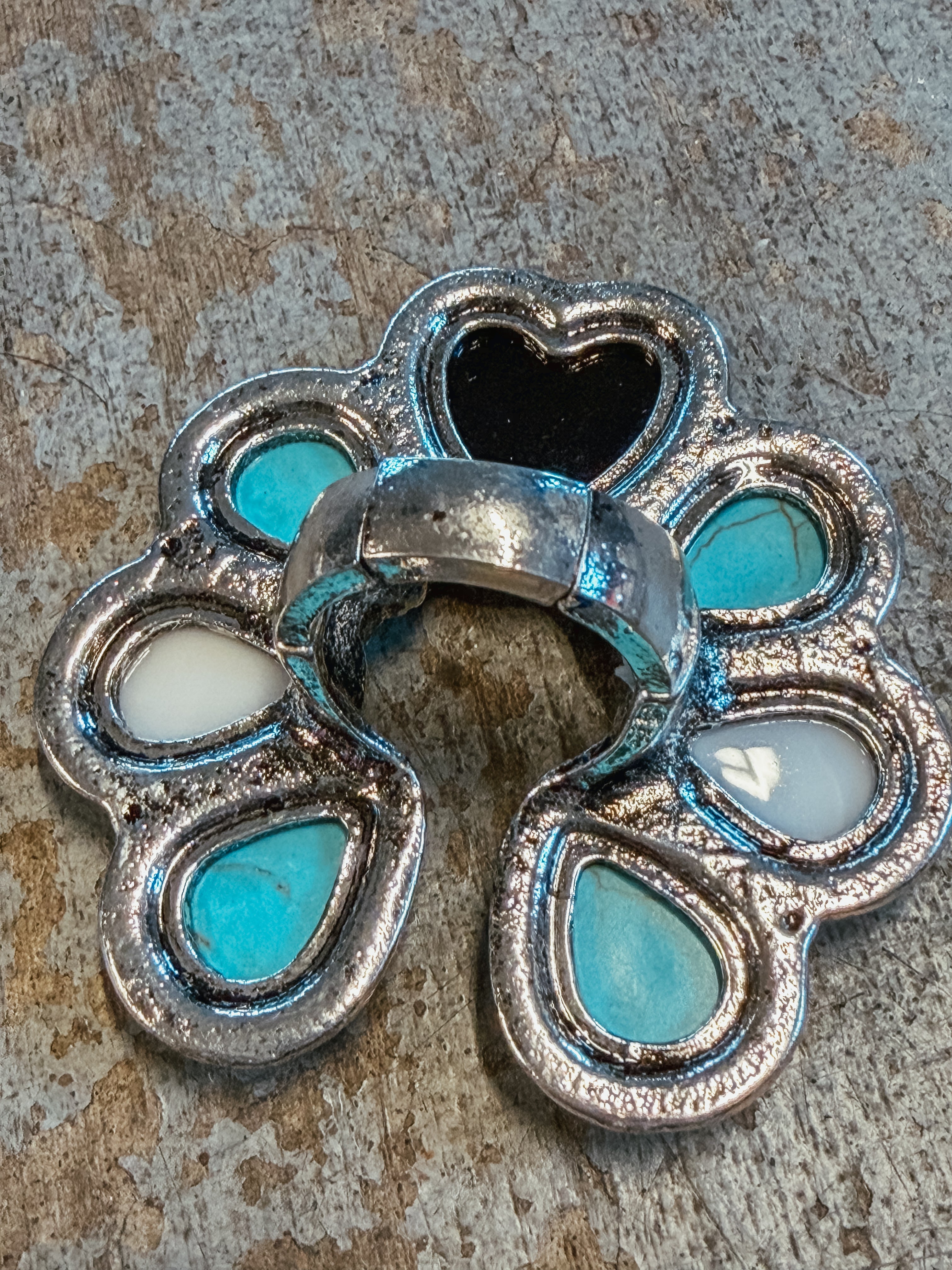 Turquoise & Checkered 8 Ball Flower Statement Ring – Adjustable Western Ring