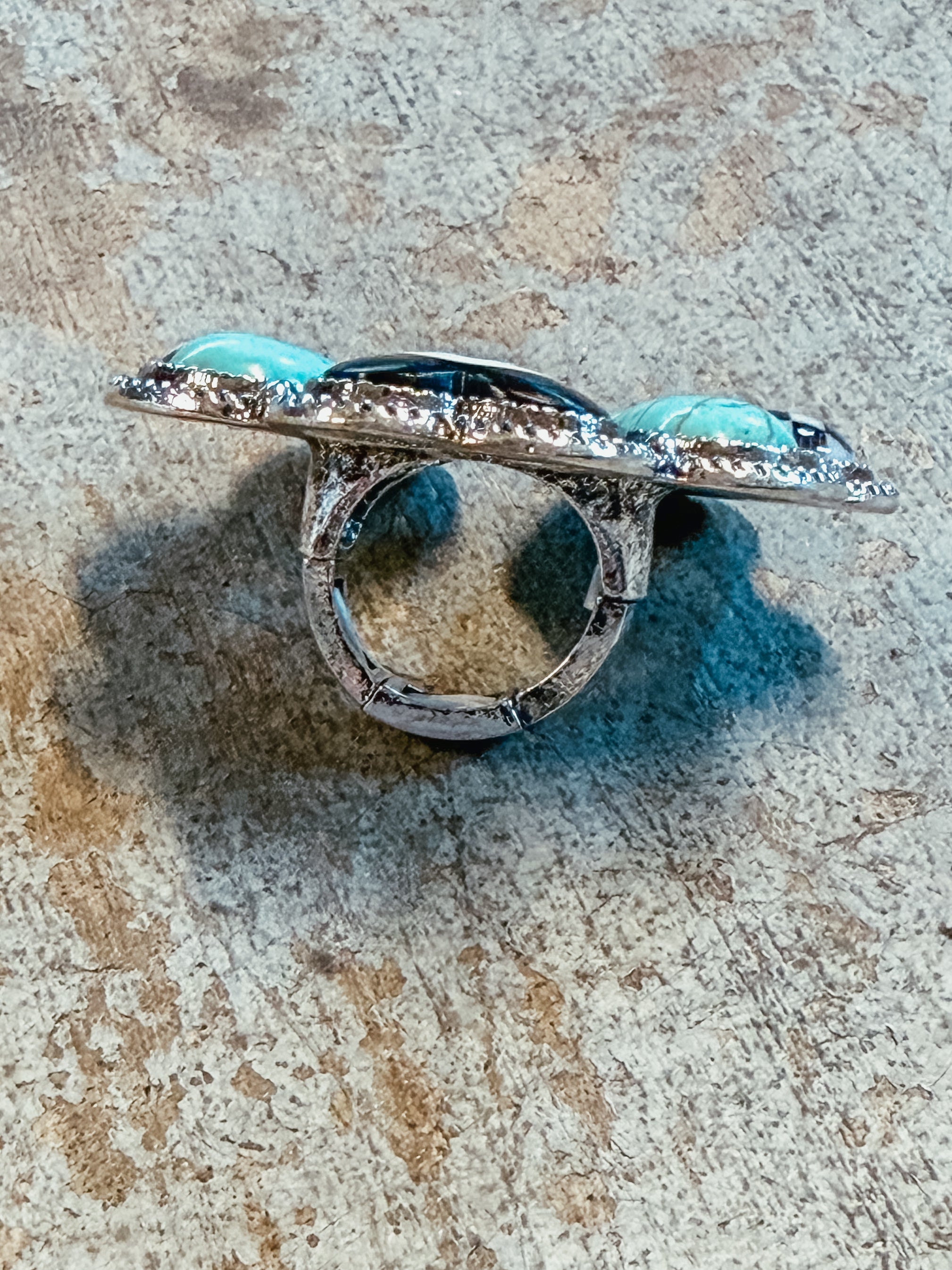 Turquoise & Checkered 8 Ball Flower Statement Ring – Adjustable Western Ring