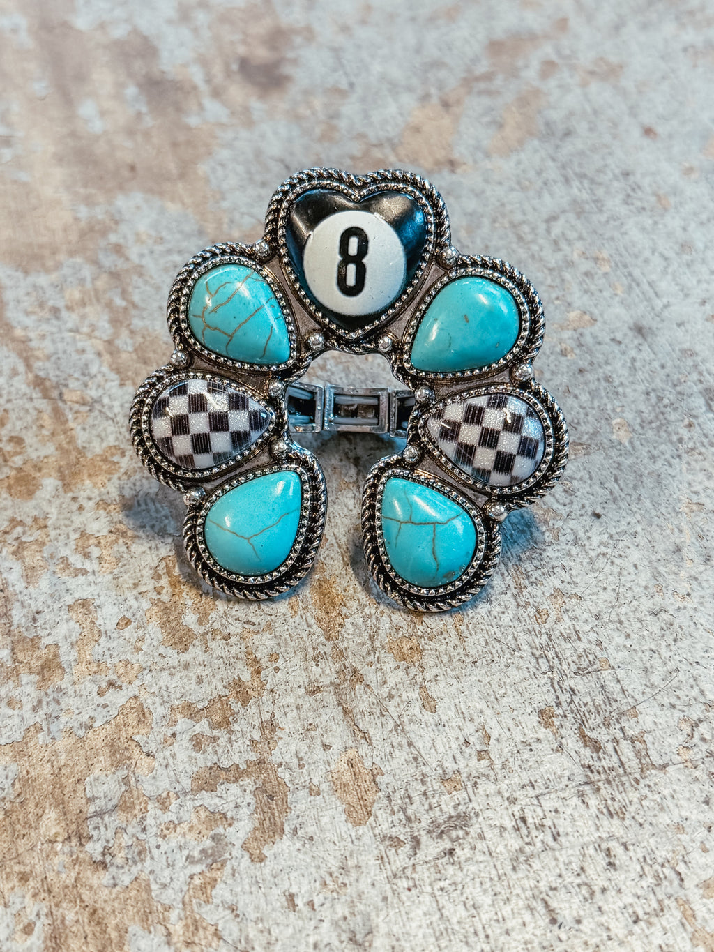 Turquoise & Checkered 8 Ball Flower Statement Ring – Adjustable Western Ring