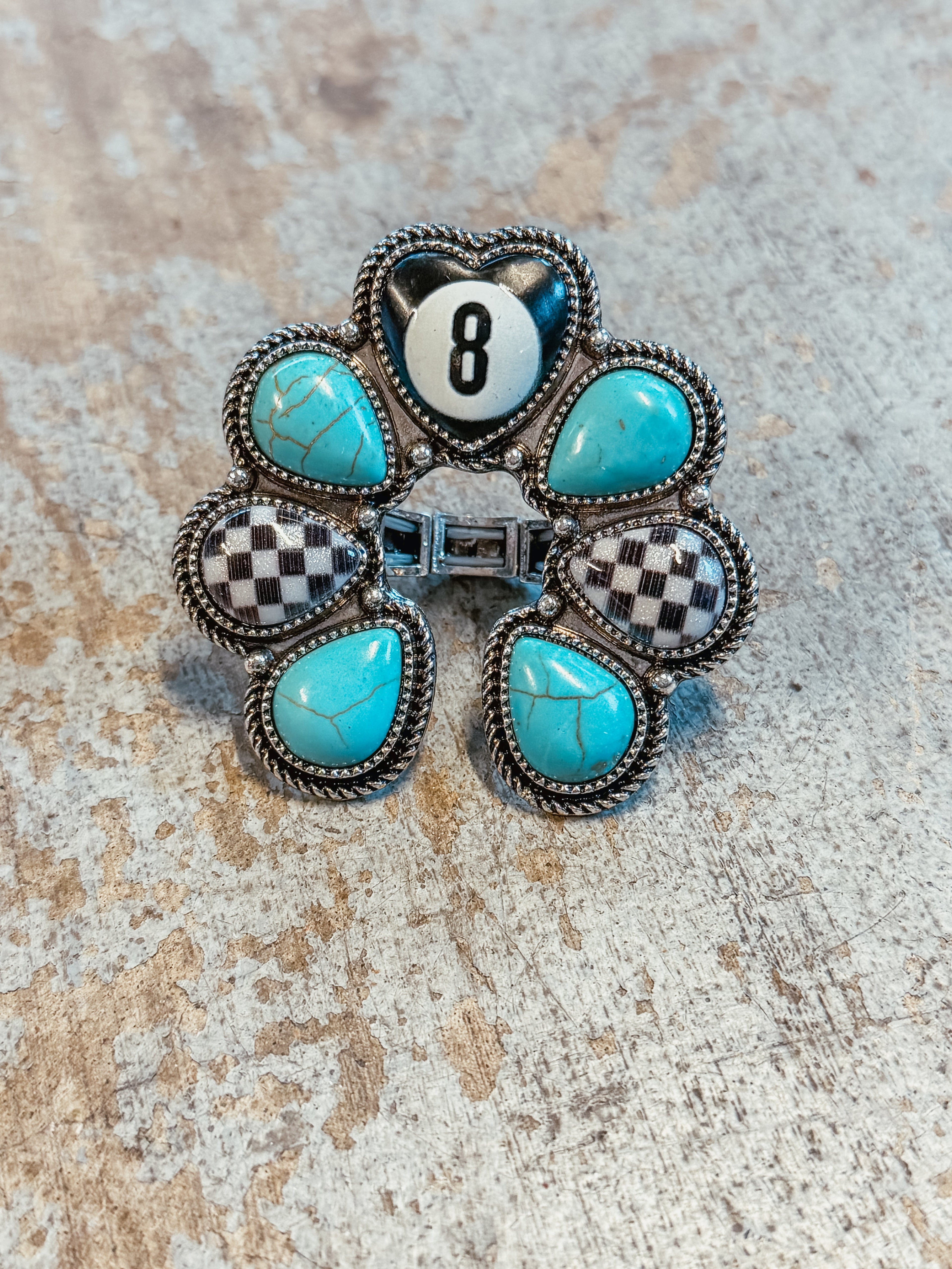 Turquoise & Checkered 8 Ball Flower Statement Ring – Adjustable Western Ring