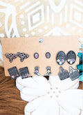 SADDLERIDGE IRIDESCENT CRYSTAL SILVERTONE STUD EARRINGS 6 PAIR SET