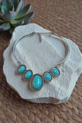 Turquoise Oval Statement Collar Necklace – Western Silver Tone Bib Necklace