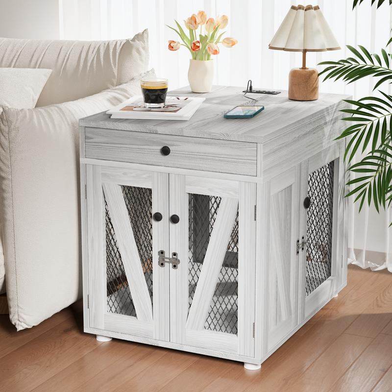 Furniture-Style Wooden Dog Crate End Table with USB Charging, Storage Drawer & Double Latch – For Medium Dogs up to 40 lbs