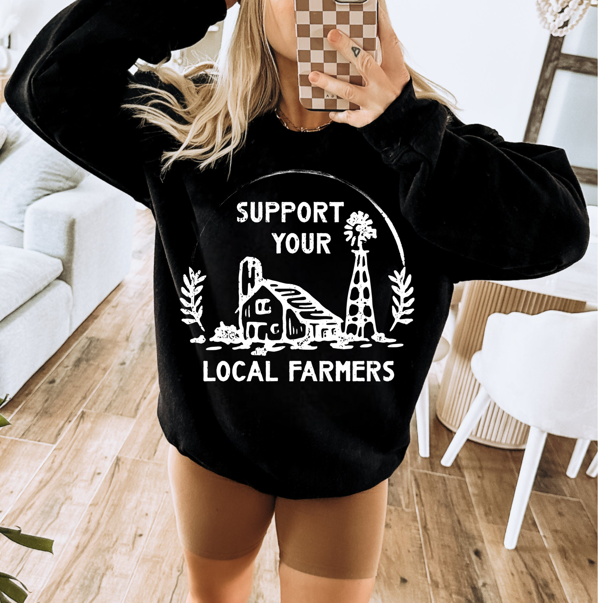 Support Your Local Farmers Graphic on Gildan Softstyle Black Shirt – Graphic Tee, Long Sleeve & Crewneck.